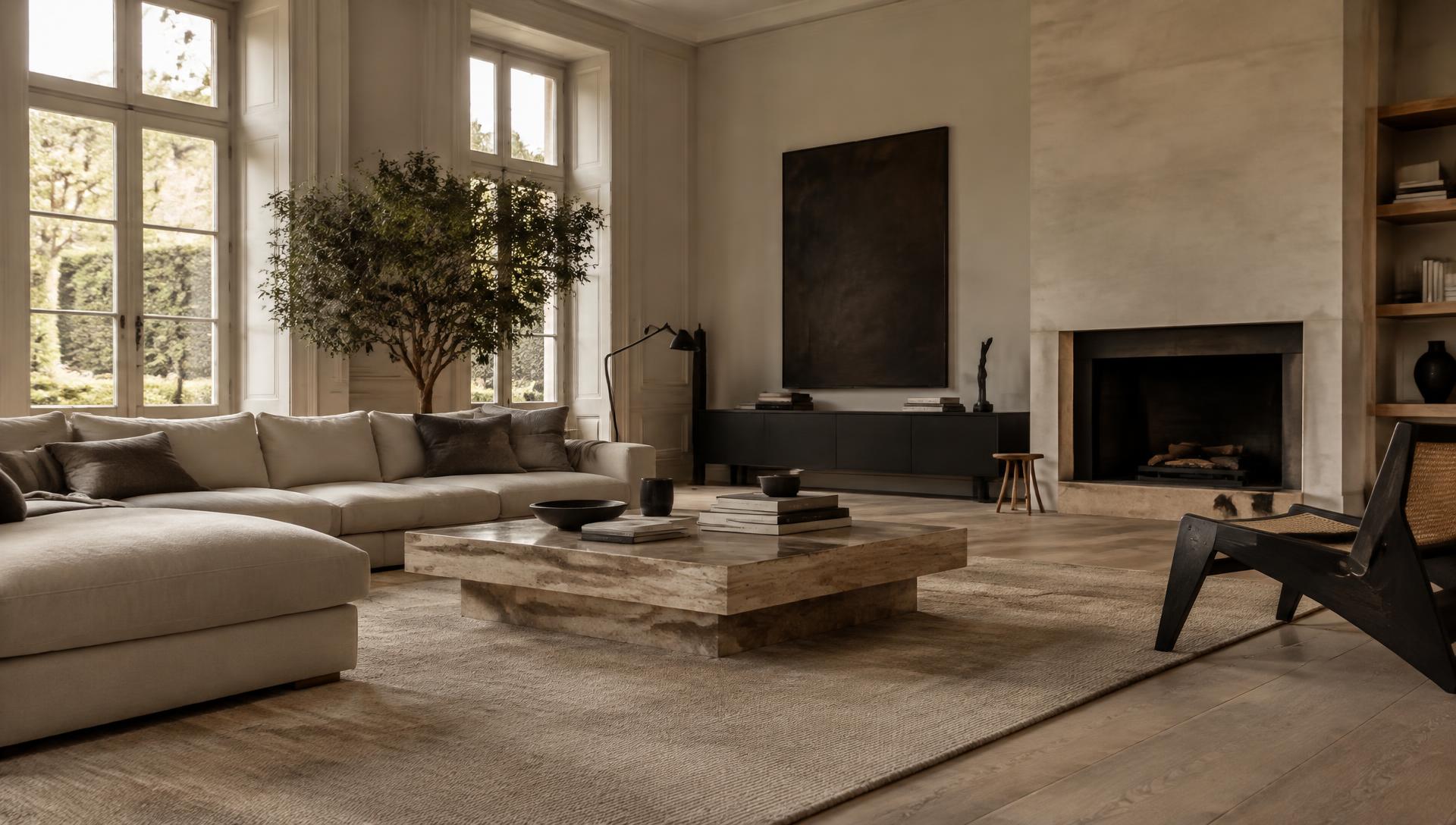 Rendered living room with travertine table and tall windows